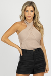 LIGHT TAUPE KNIT CROSSNECK HALTER TOP *BACK IN STOCK*