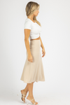 TAUPE LINED HIGH RISE MIDI SKIRT *BACK IN STOCK*