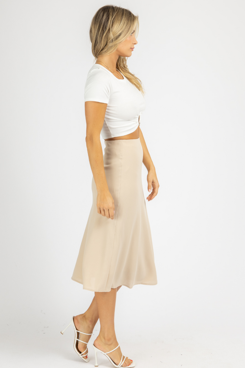 TAUPE LINED HIGH RISE MIDI SKIRT *BACK IN STOCK*