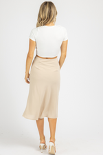TAUPE LINED HIGH RISE MIDI SKIRT *BACK IN STOCK*