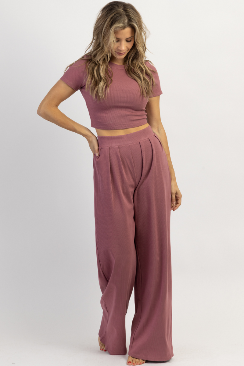 Full Attention Short Sleeve Palazzo Pants Set - Lilac
