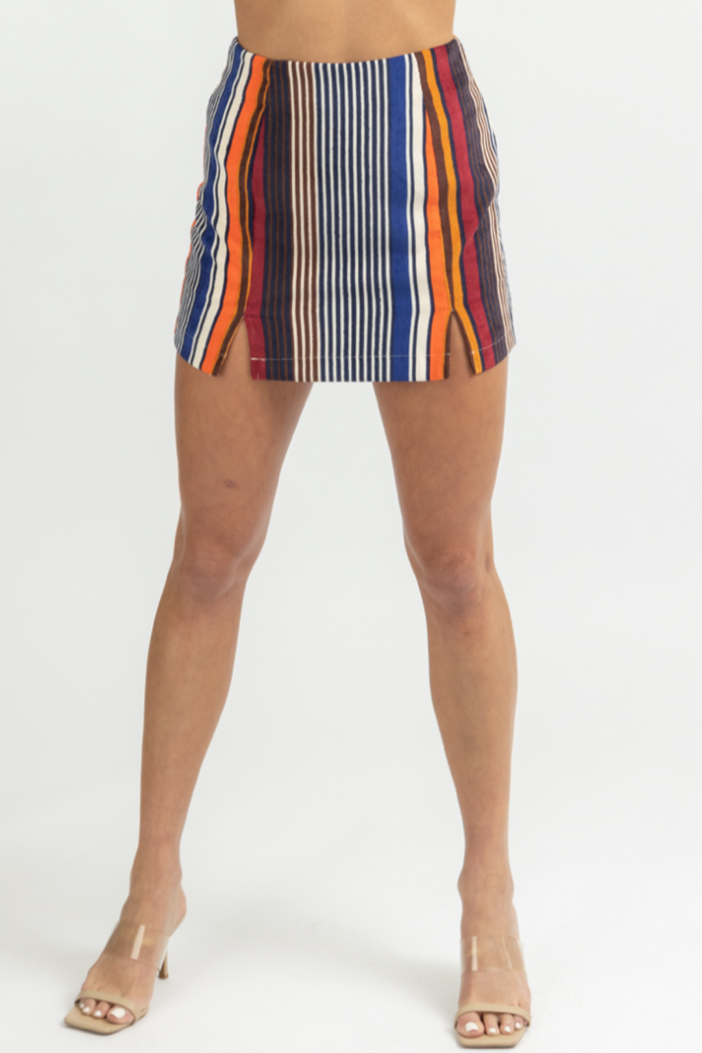 BURGUNDY MULTISTRIPE SIDE SLIT MINI SKIRT