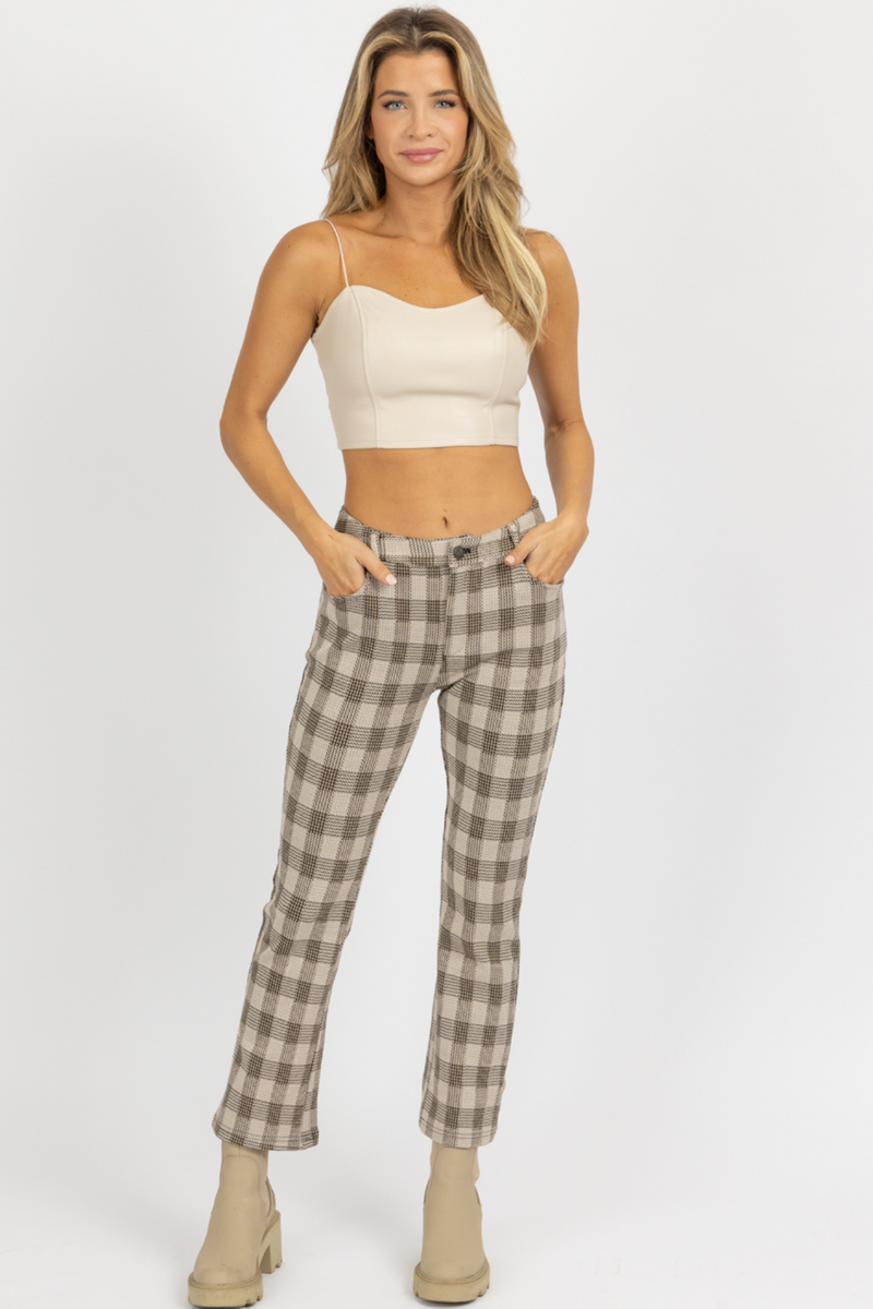 NEUTRAL CHECKED HIGH RISE FLARE PANT