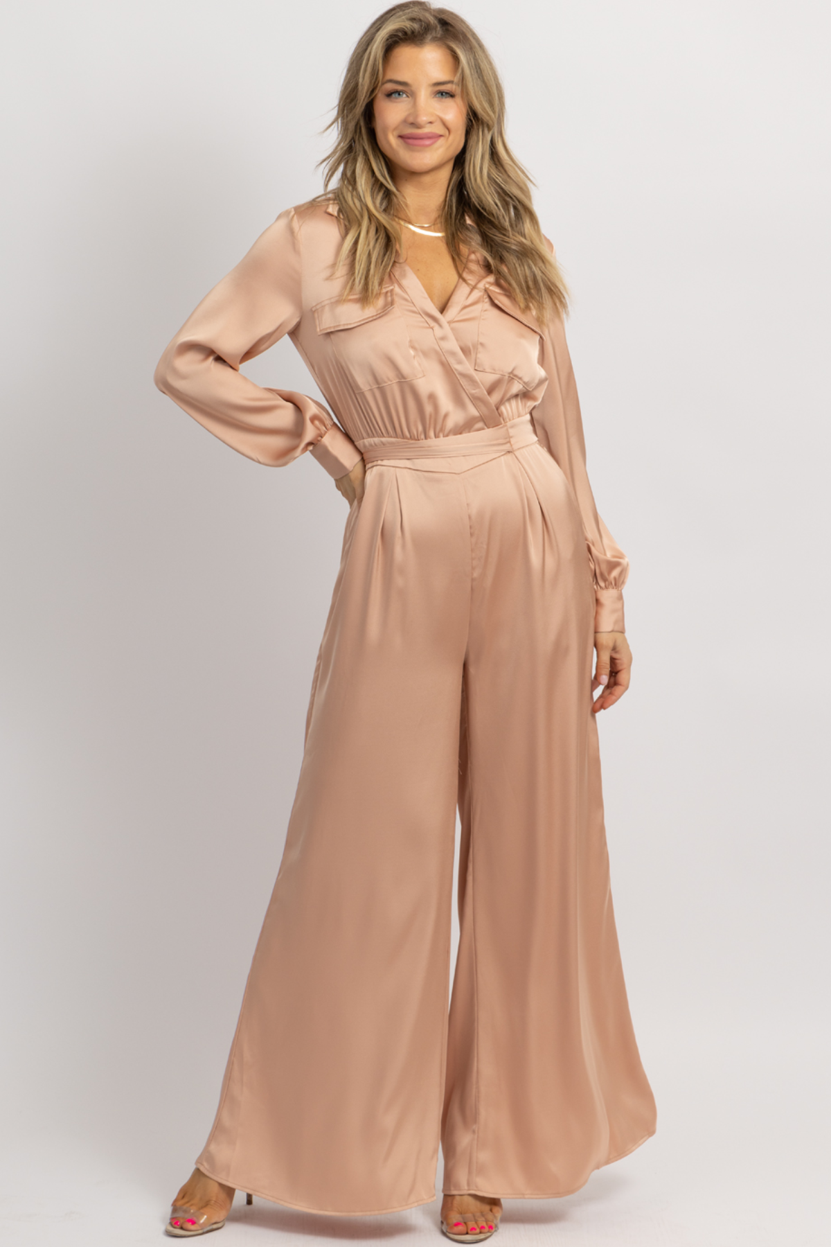 NUDE SATIN LONGSLEEVE WIDE LEG JUMPSUIT L ABEYE