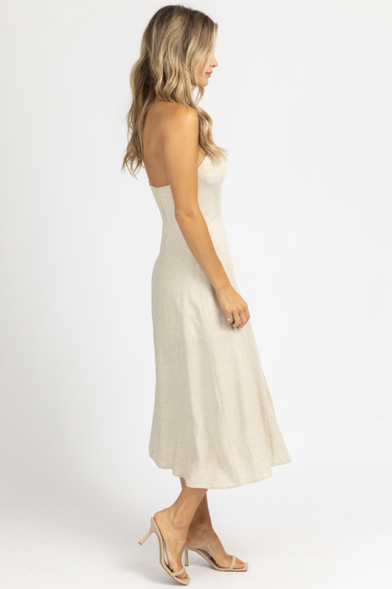 OATMEAL BUSTIER HALTER LINEN MIDI DRESS
