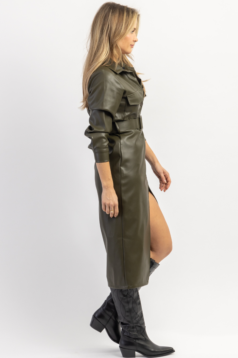 CINQUE TERRE OLIVE LEATHER MIDI DRESS