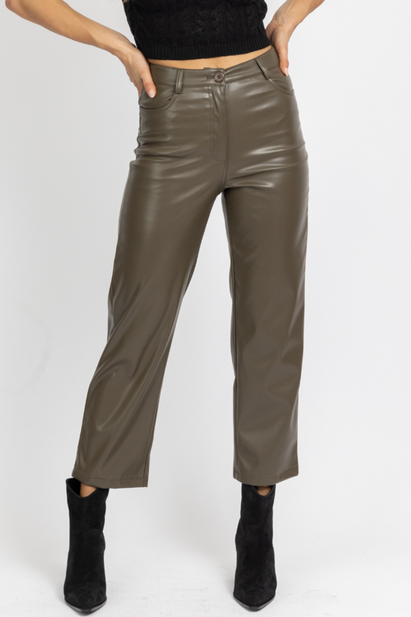 DUSTY OLIVE FAUX LEATHER FLARE PANT
