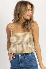 OLIVE CHECKED TIE BACK CROP TOP