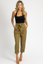 OLIVE PLEATED TIE-BELT TROUSERS