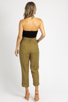OLIVE PLEATED TIE-BELT TROUSERS