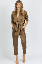 OLIVE SATIN OPEN-FRONT TIE JUMPSUIT *BACK IN STOCK*