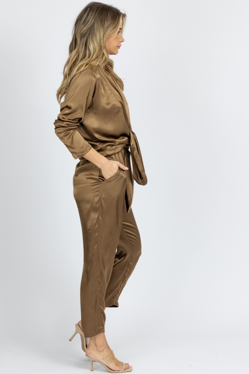 OLIVE SATIN OPEN-FRONT TIE JUMPSUIT *BACK IN STOCK*