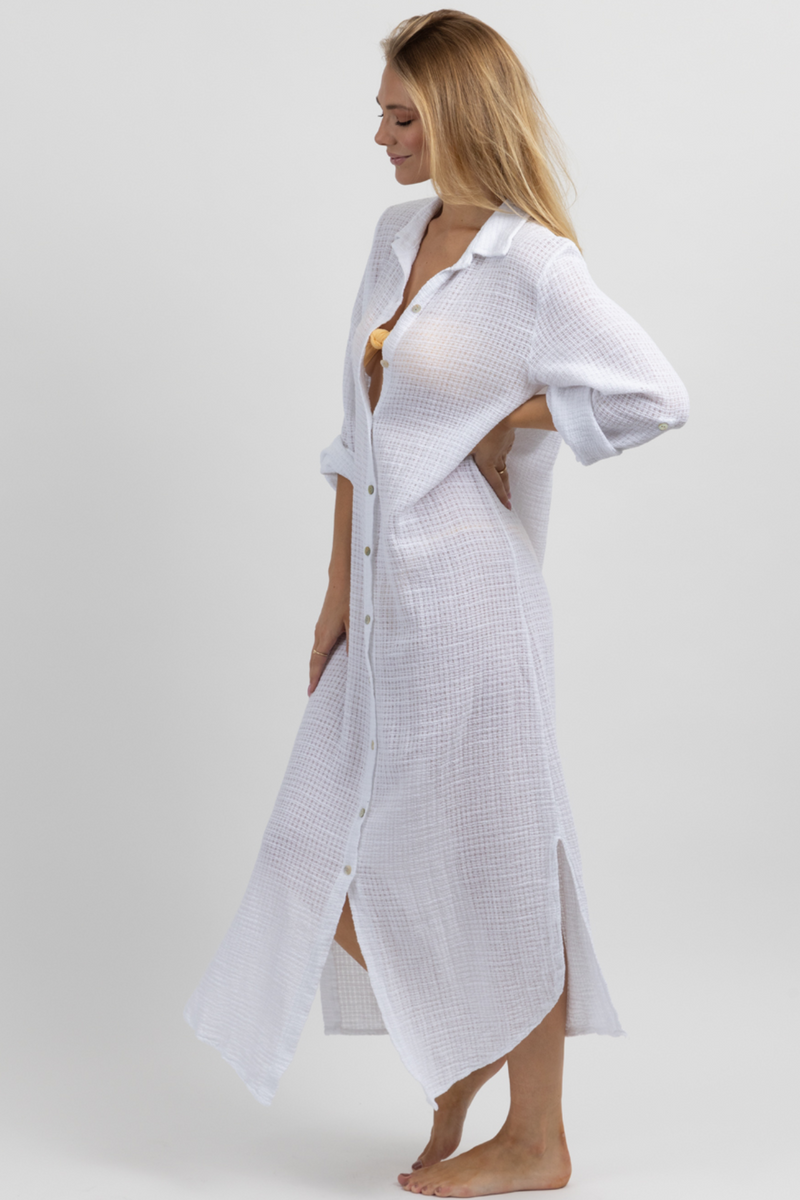 BRIGHT WHITE GAUZE MAXI SHIRT DRESS