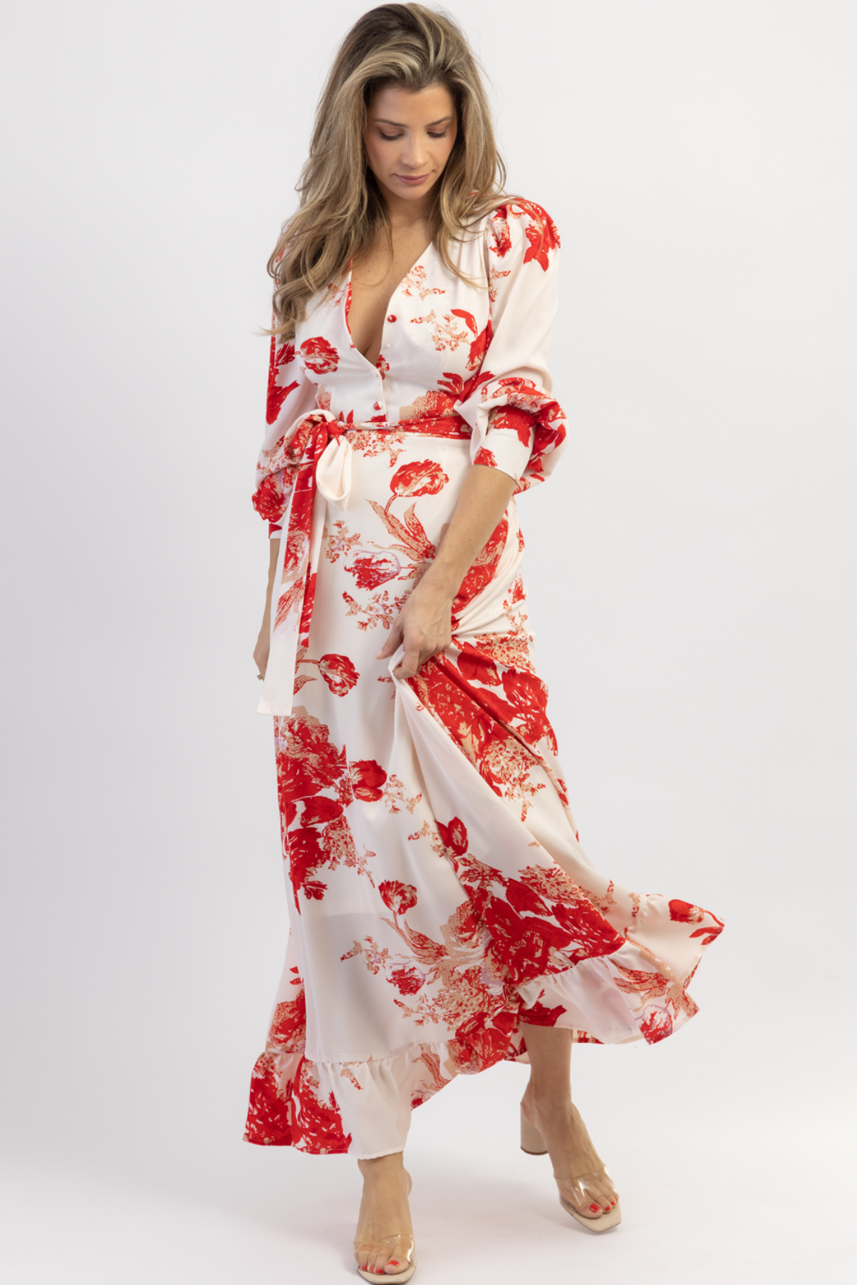 Red floral maxi wrap 2025 dress