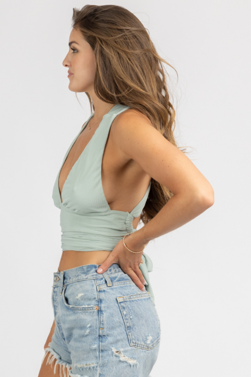 SAGE PLUNGING RIBBED TIE-BACK TOP