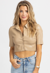 SAND FAUX LEATHER COLLARED CROP TOP
