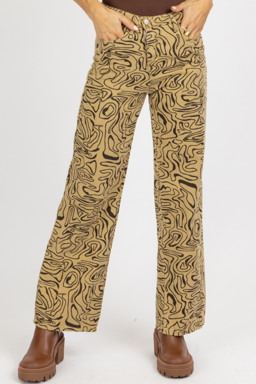 TAUPE ABSTRACT HIGH RISE FLARE JEAN