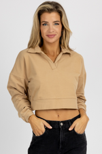 TAUPE LONG SLEEVE COLLARED KNIT CROP TOP