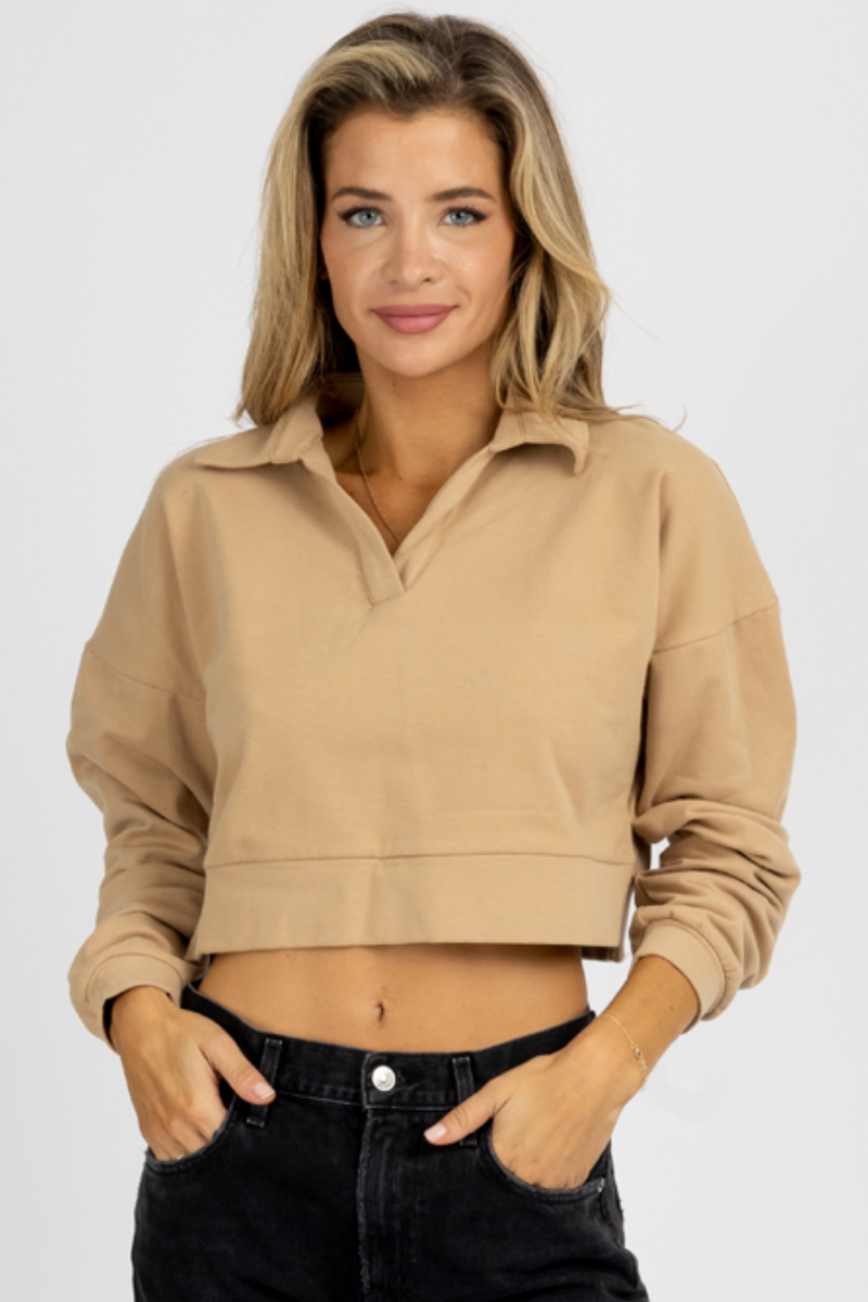TAUPE LONG SLEEVE COLLARED KNIT CROP TOP