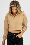 TAUPE LONG SLEEVE COLLARED KNIT CROP TOP