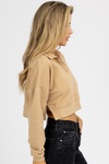 TAUPE LONG SLEEVE COLLARED KNIT CROP TOP