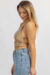 TAUPE FAUX LEATHER TIE BACK TOP