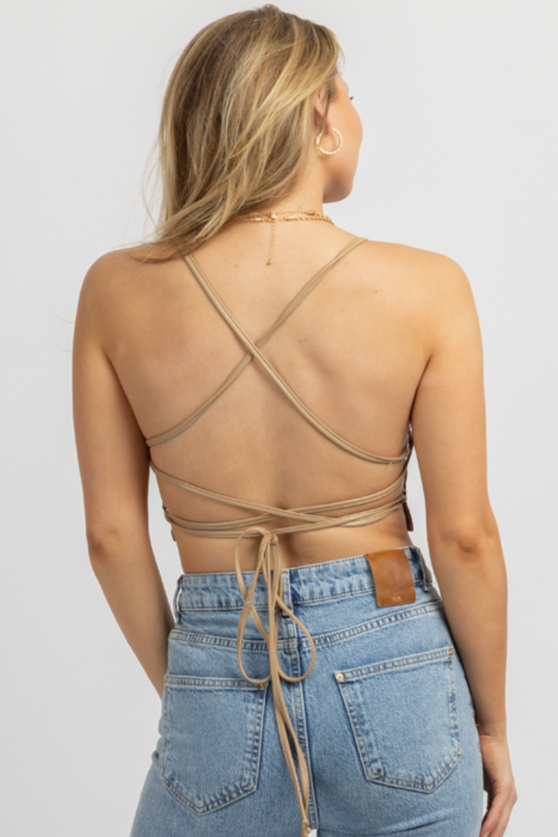 TAUPE FAUX LEATHER TIE BACK TOP