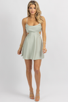 TEA GREEN SATIN COWL MINI DRESS