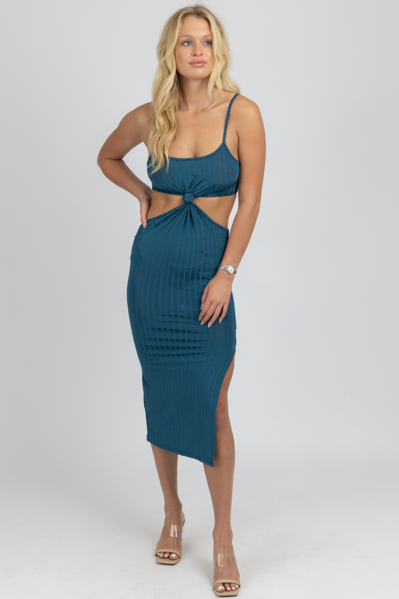 TEAL KNOT FRONT MIDI DRESS