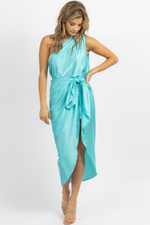 TURQUOISE SATIN ONE SHOULDER WRAP DRESS *BACK IN STOCK*