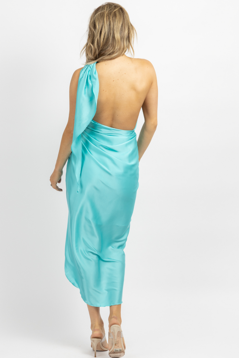 TURQUOISE SATIN ONE SHOULDER WRAP DRESS *BACK IN STOCK*