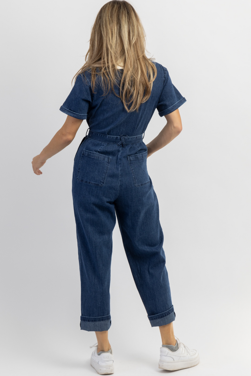 REVOLUTION BLUE DENIM UTILITY JUMPSUIT L ABEYE