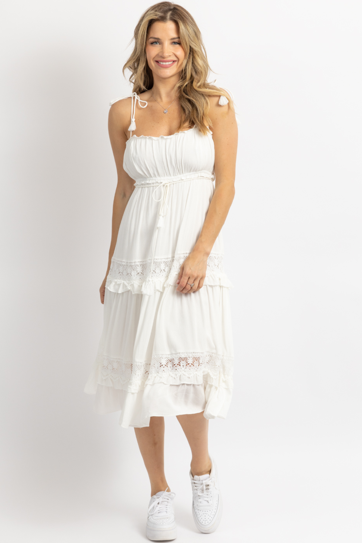 White tasseled sales embroidered midi dress