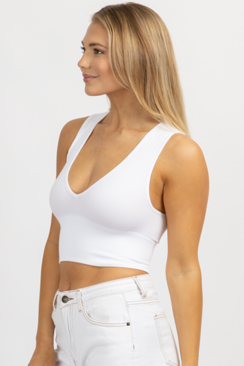 WHITE DEEP-V THICK RIBBED CROP TANK *BACK IN STOCK* – L'ABEYE