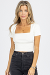WHITE SHORT SLEEVE KNIT TIE-BACK CROP