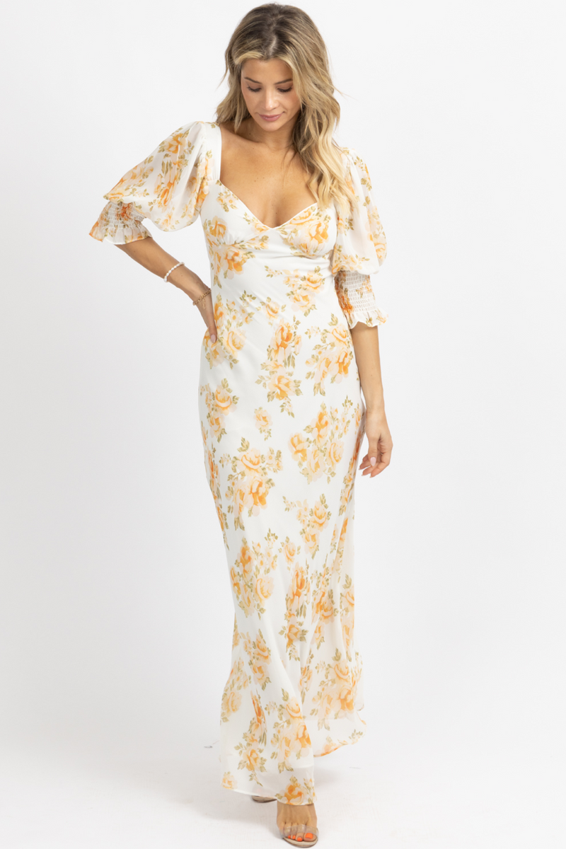 WHITE + PEACH DREAMY FLORAL MAXI DRESS