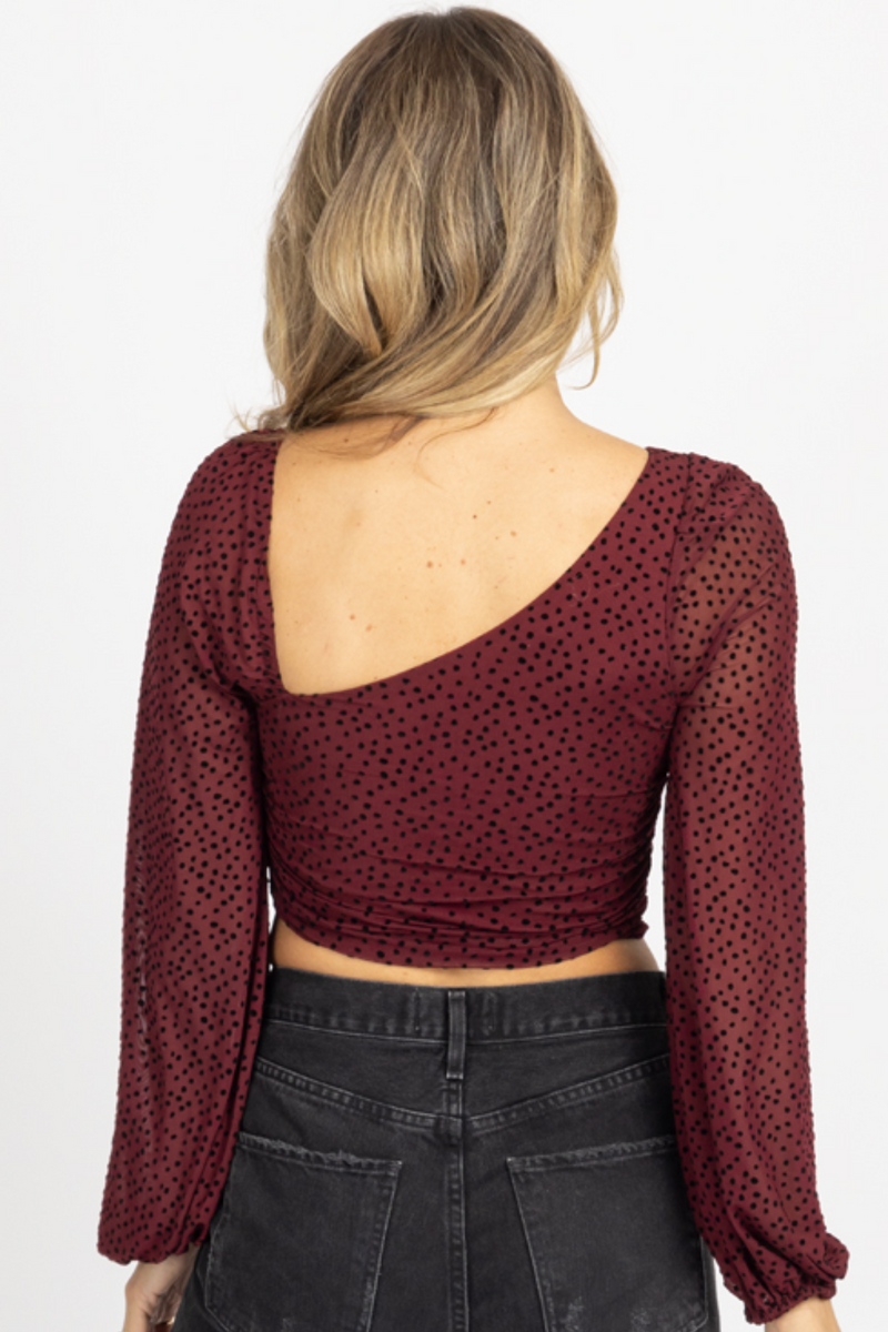 CABERNET DOTTED ASYMMETRIC RUCHED TOP
