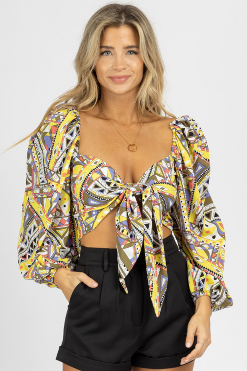 YELLOW GEOMETRIC TIE FRONT BLOUSE